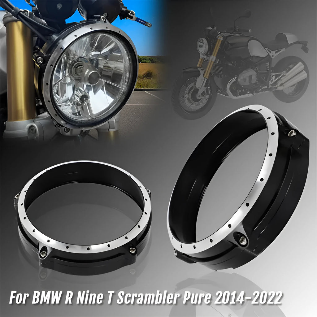 Black aluminium headlight guard for BMW R Nine T Scrambler motorcycle
