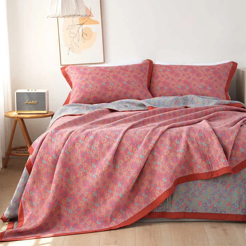 Cotton gauze three-piece bedding set with floral plant pattern including blanket and two pillowcases