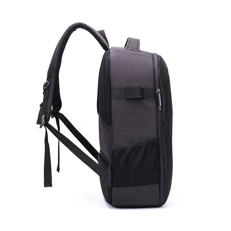 Black Oxford cloth drone backpack with multiple compartments for camera and equipment storage