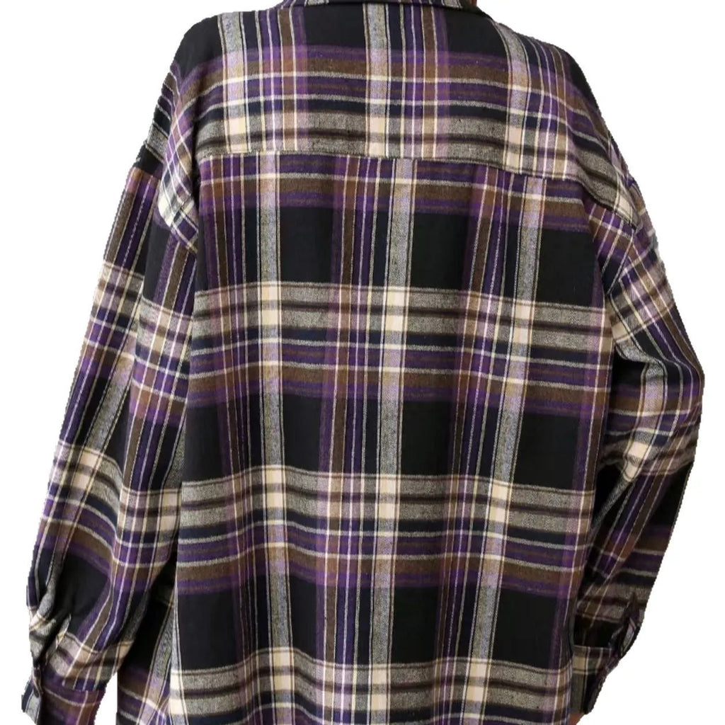Women's loose fit cotton plaid shirt in black, green and purple colour options