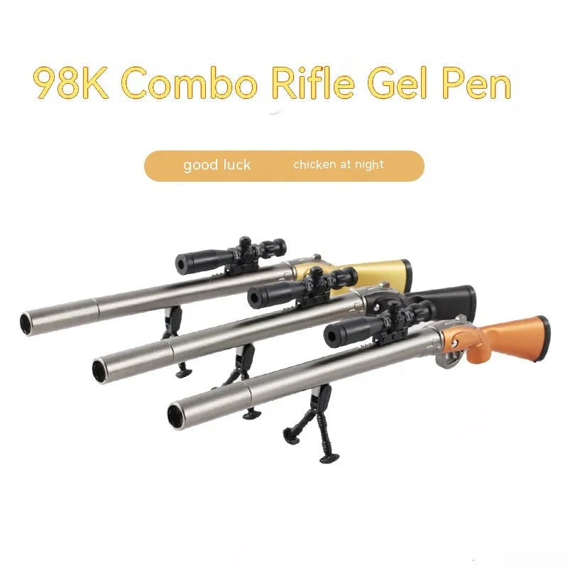 Plastic gel pen shaped like a Marvel 98K sniper rifle, 140mm long with 0.5mm black ink.