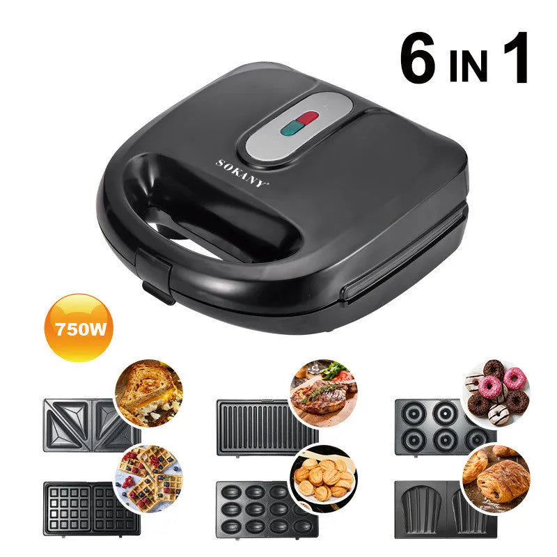 Black electric sandwich pan with double-sided heating, brushed stainless steel lid, and six non-stick cooking plates.