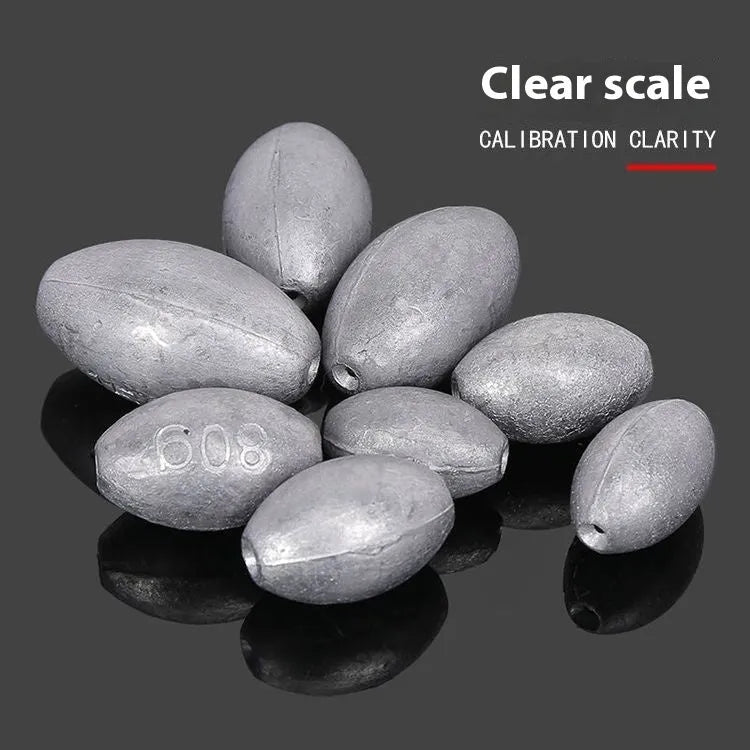 Tongxin scale pattern olive lead fishing sinker with plastic core, shown in rugby shape.