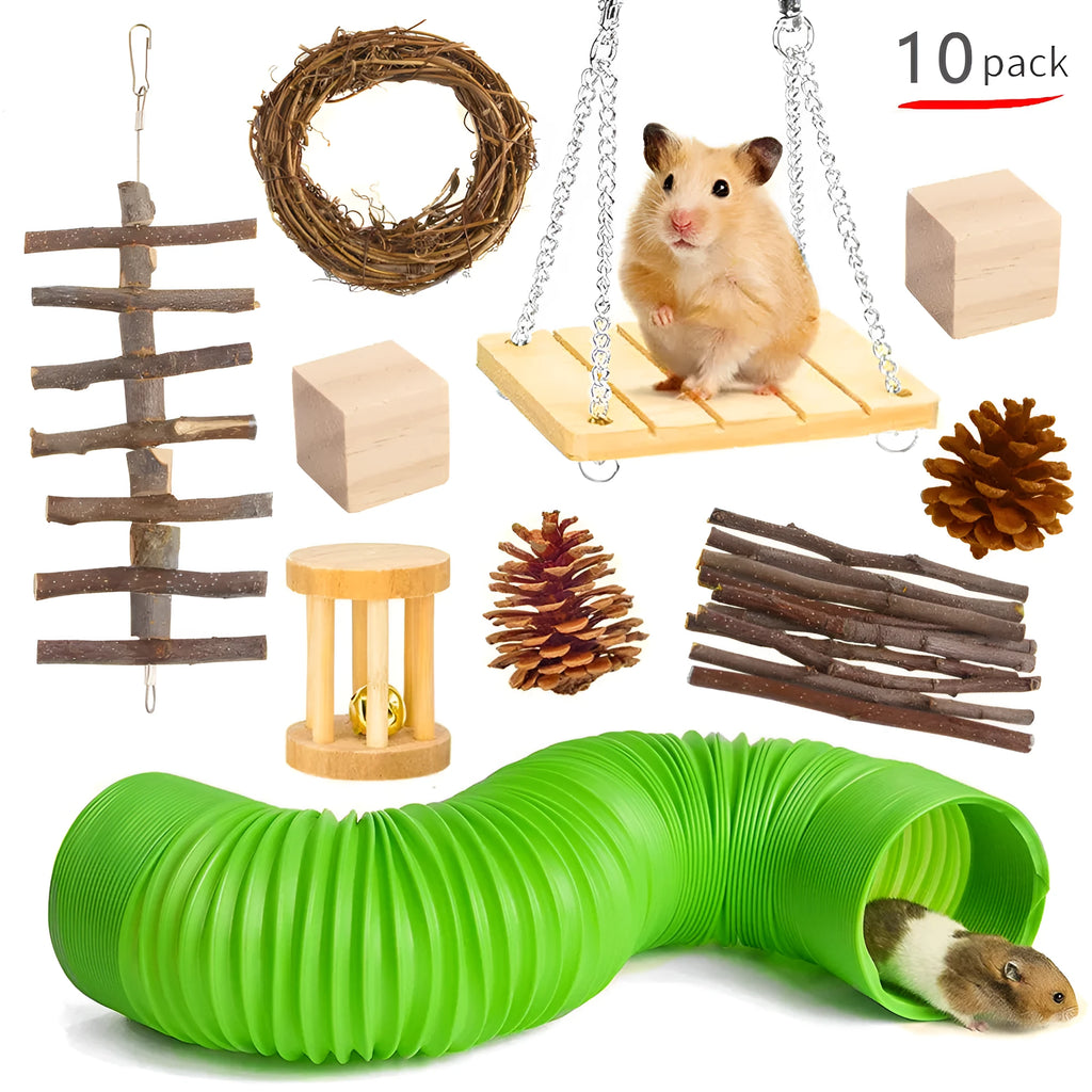 Wooden pet toy set with natural materials for rabbits, guinea pigs, and parrots