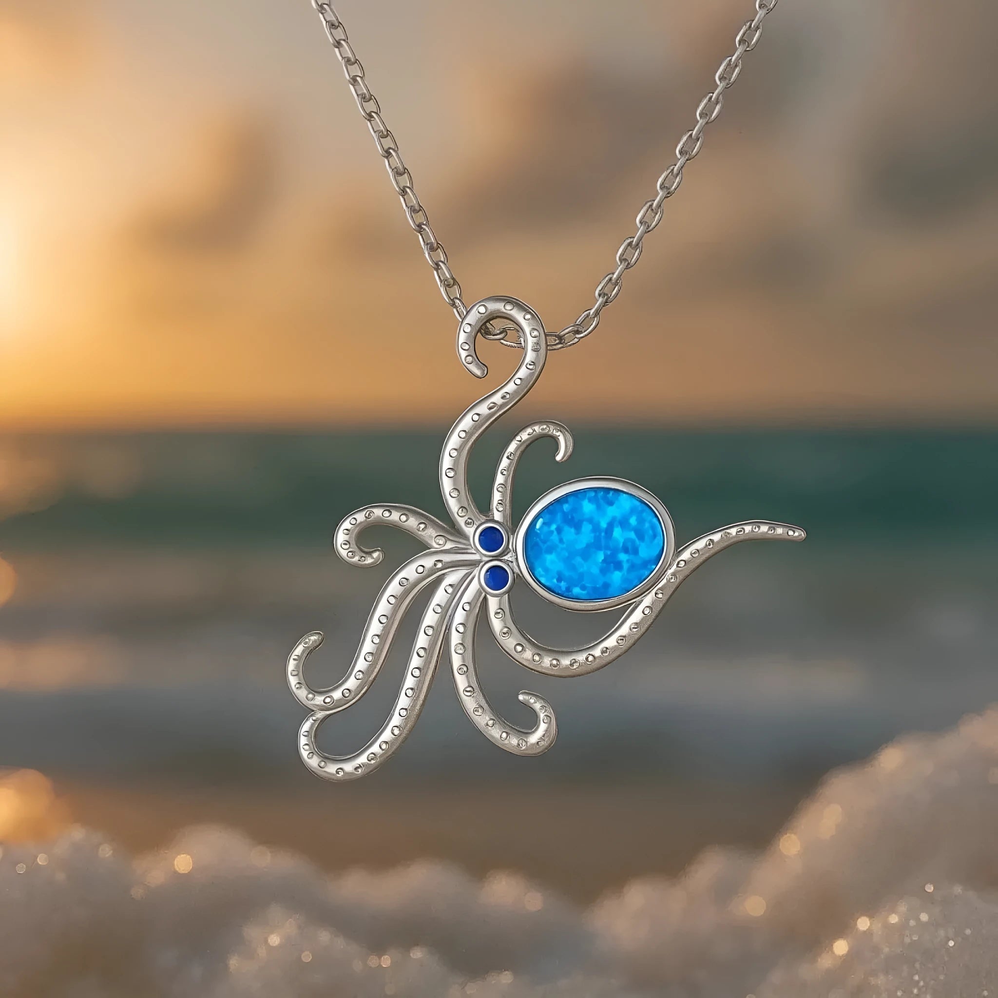 Silver Hawaiian octopus opal necklace with geometric pendant on stainless steel box chain