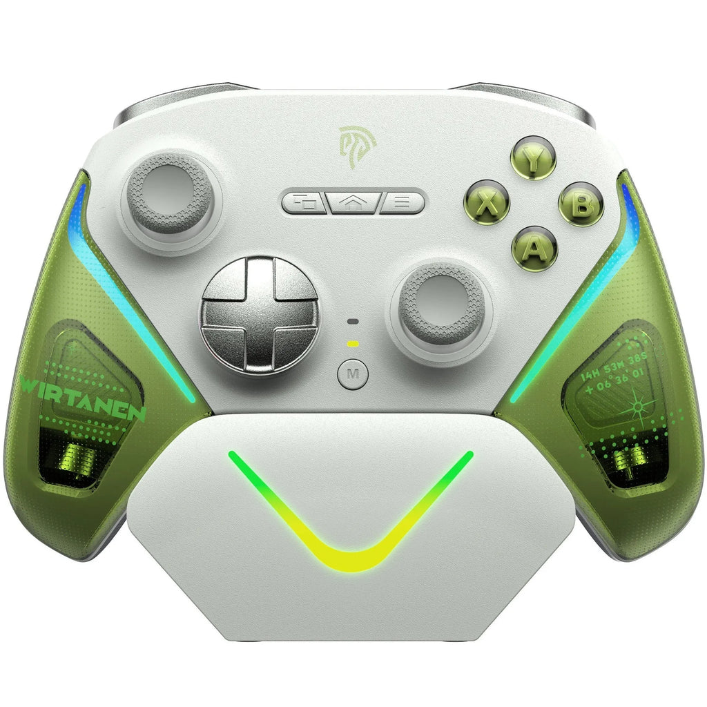 Xbox Elite Series 2 controller on charging base with adjustable trigger mechanism in black, green, or purple