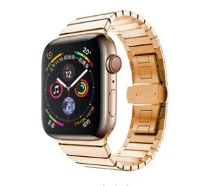 Stainless steel Apple Watch compatible band with metal chain design and butterfly buckle closure