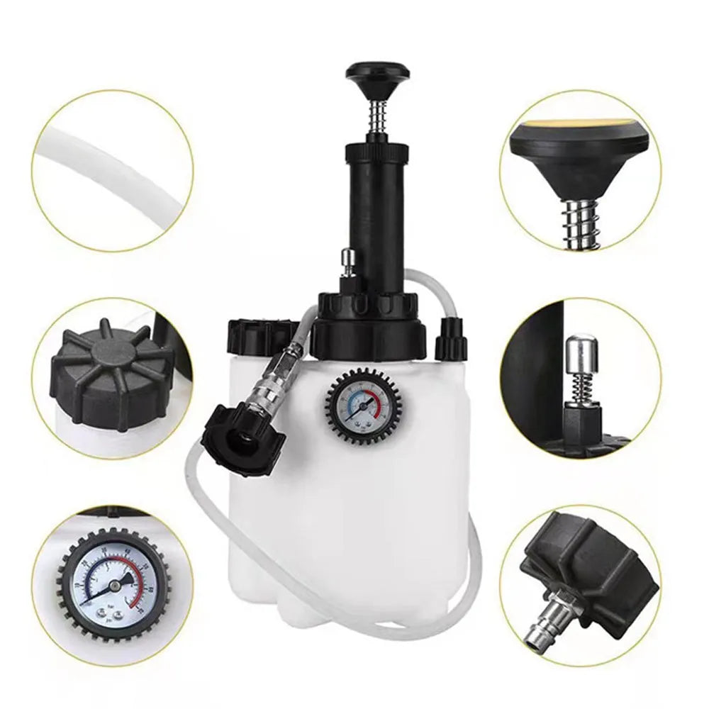 White 3-litre brake oil tank replacement tool with copper, iron and plastic components.