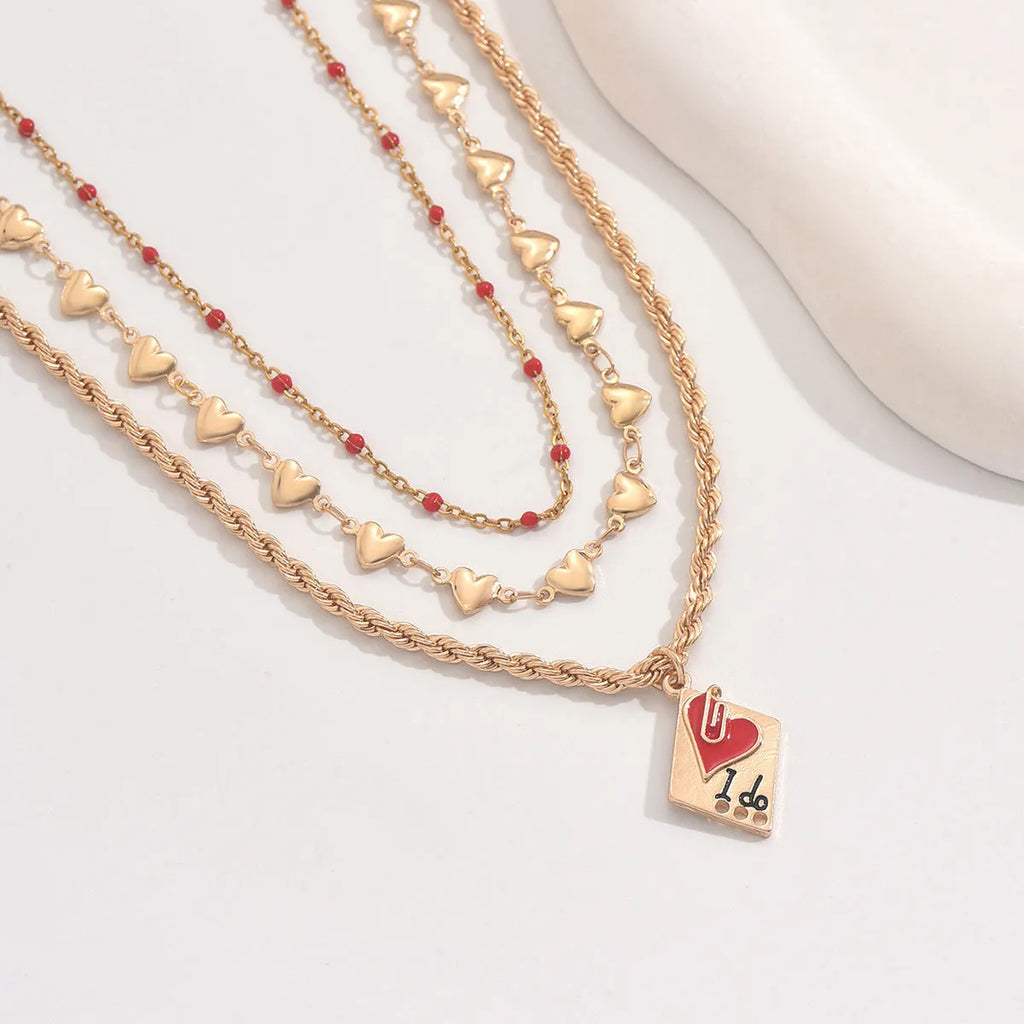 Three-layer zinc alloy clavicle chain necklace with geometric heart pendant, adjustable 41-50cm length