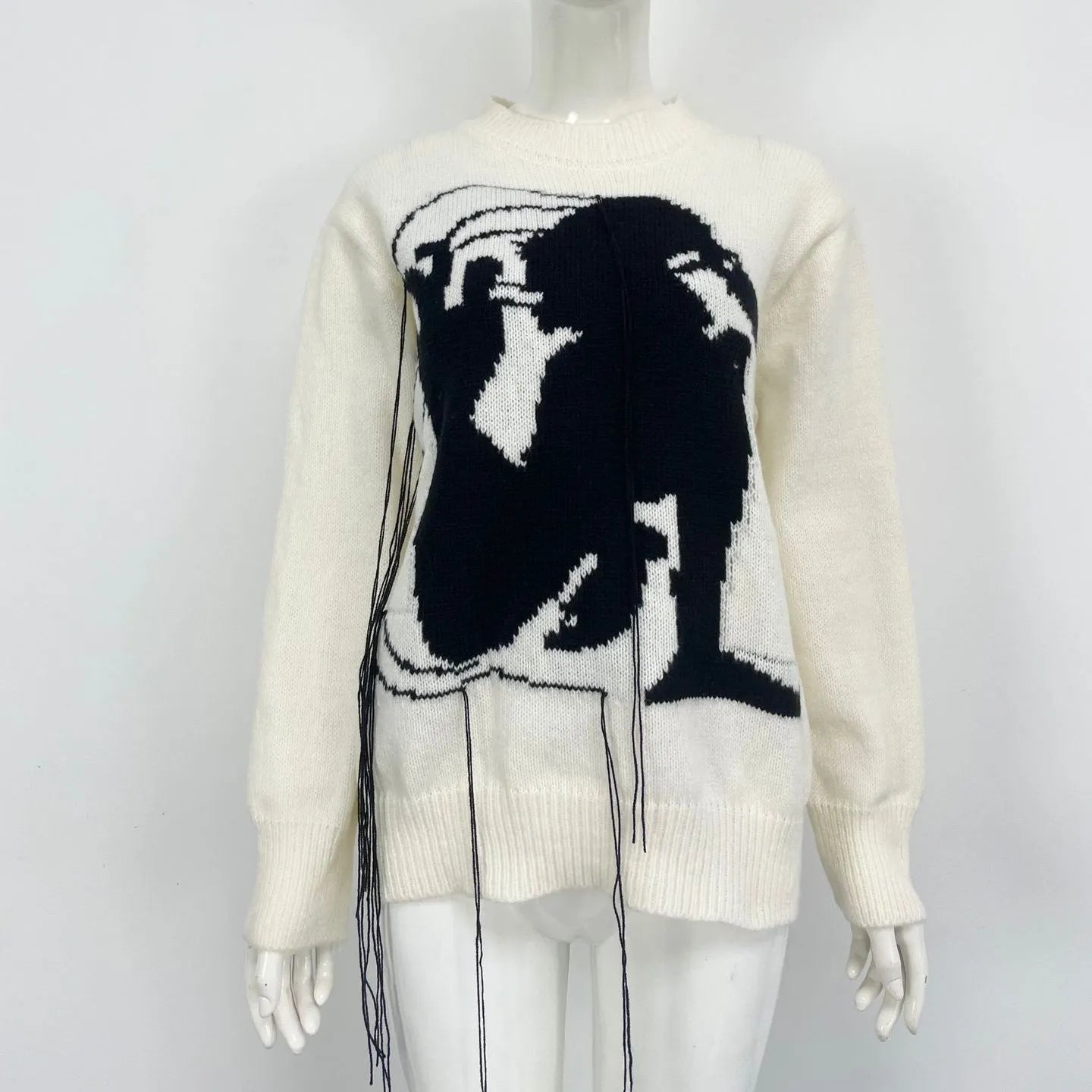 Women's loose fit alpaca wool sweater with abstract tassel design in grey colour