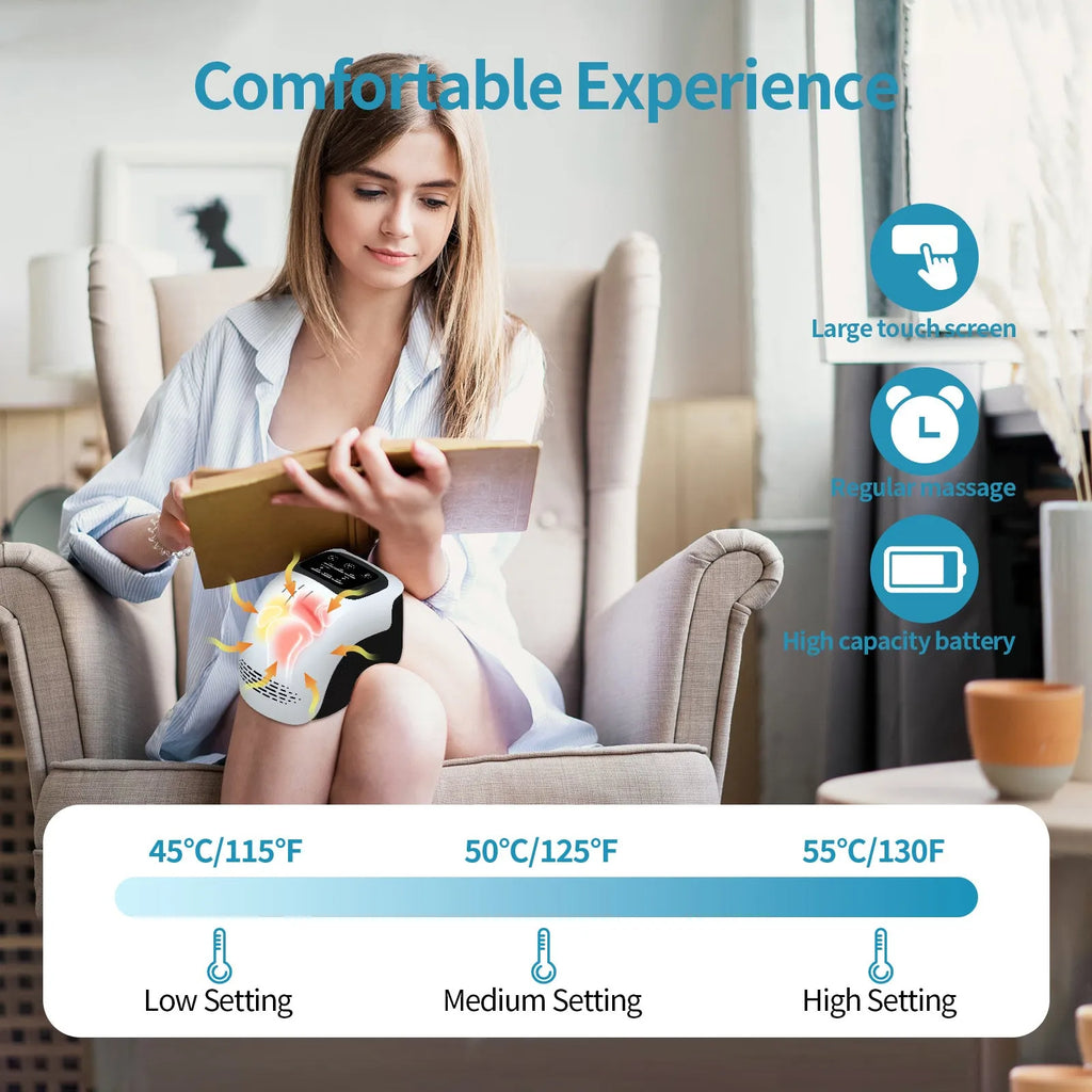 White electric knee massager unit showing controls, padding, and USB charging port.