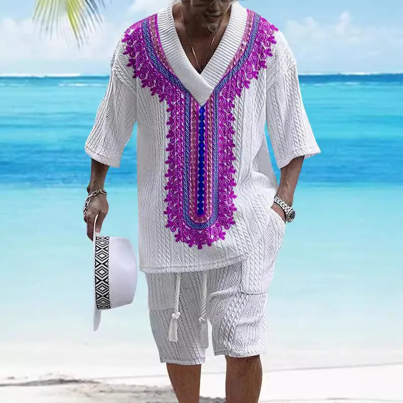 Men's printed drop shoulder knitted short sleeve top and matching shorts set