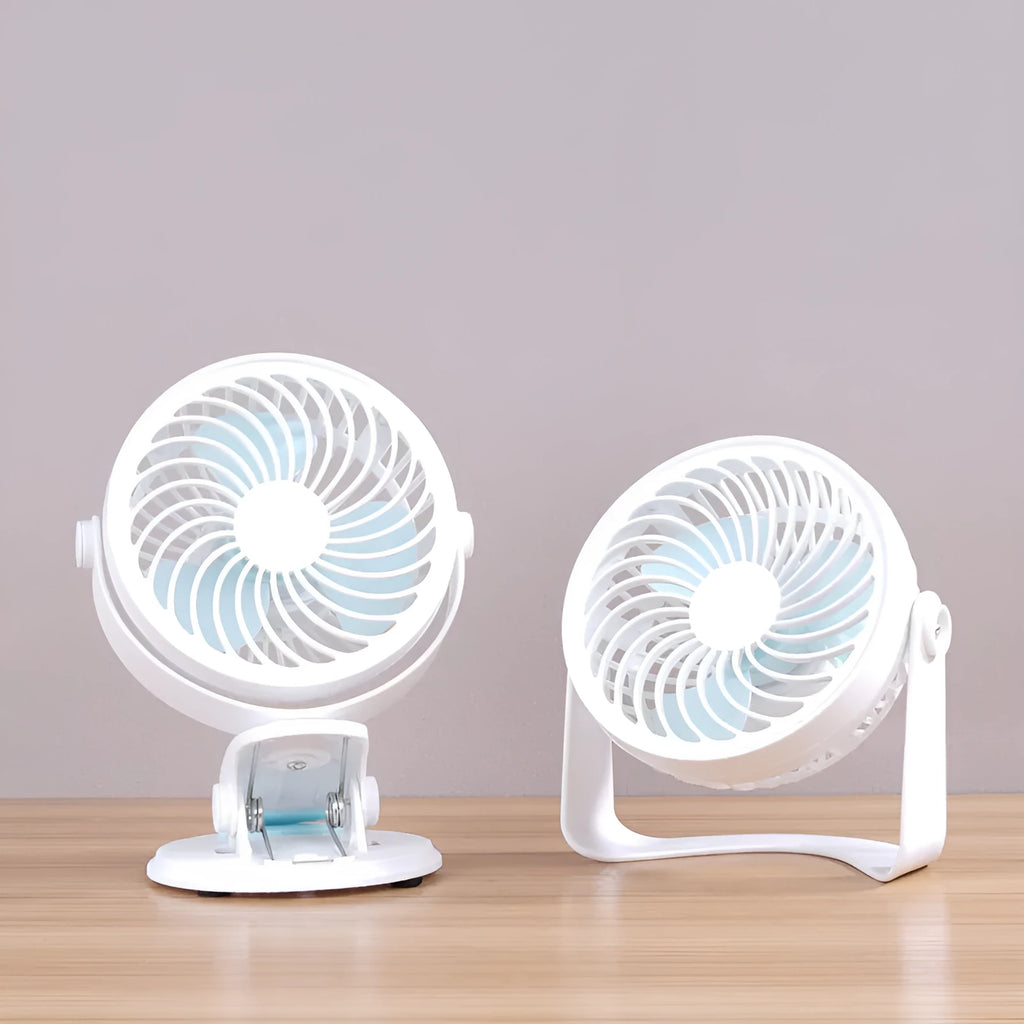 Small USB desk fan with clip attachment and floor stand options in white plastic housing