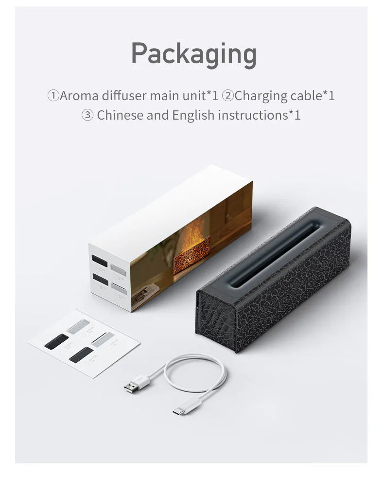 Creative square lava flame aroma diffuser and humidifier in black on a desktop with USB cable.