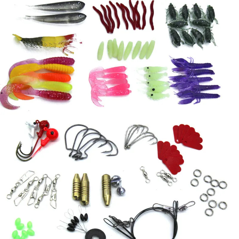 132-piece fishing lure set in rose red treasure colour with plastic baits and steel hooks