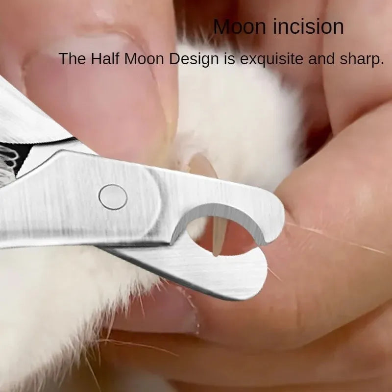 Silver stainless steel pet nail clipper with safety guard and ergonomic handles.