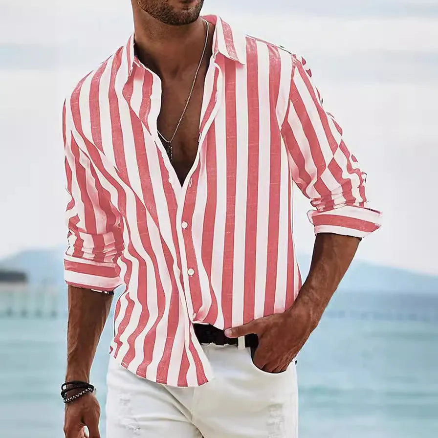 Men's yarn-dyed striped loose long-sleeved shirt in cardigan style with six colour options
