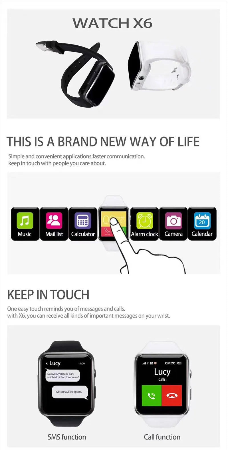 Black smart watch with 1.54 inch touch screen and silicone strap on a wrist.