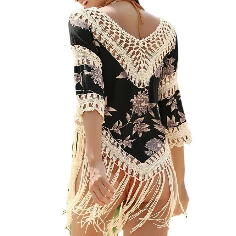 Women's V-neck beach sun protection shirt with hollow-out sleeves in apricot colour