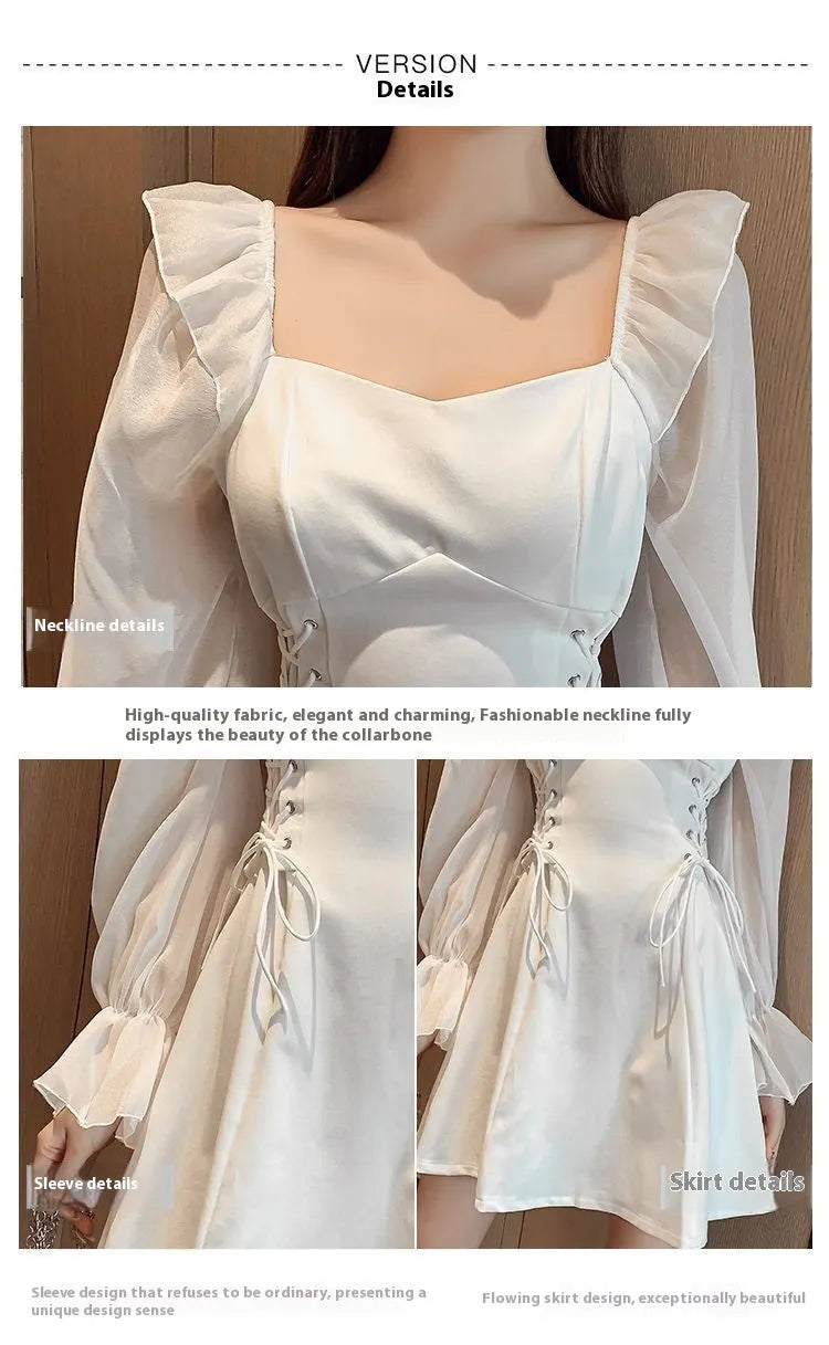 White chiffon patchwork waist-slimming dress with long sleeves and flowing long skirt
