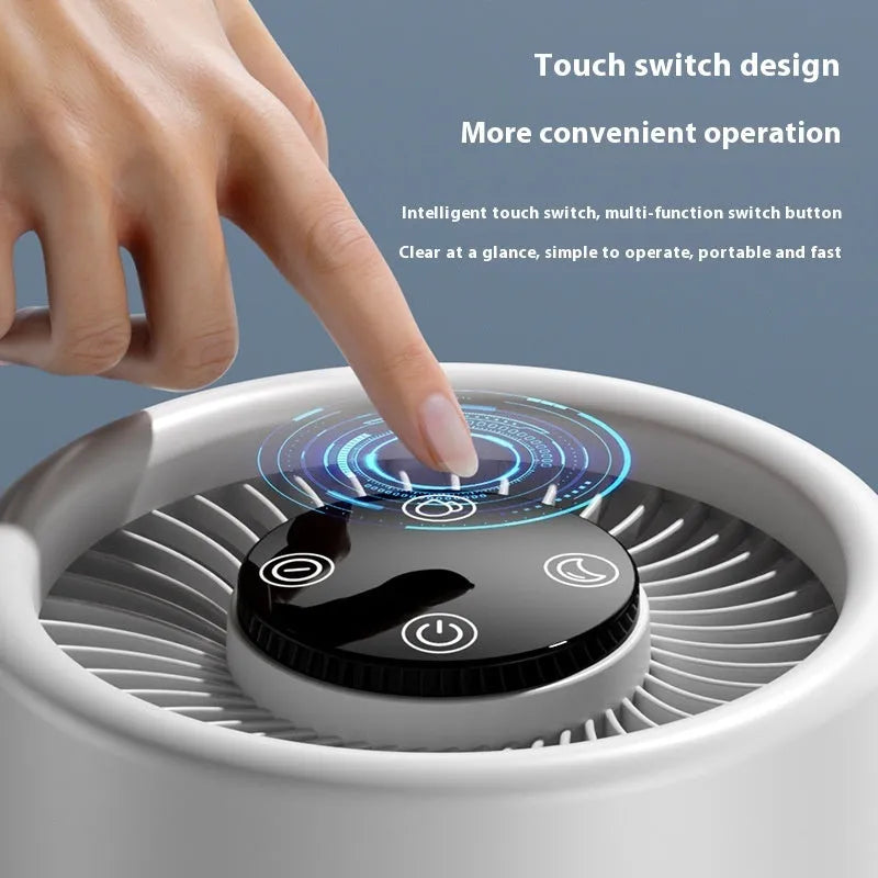 White desktop air purifier model EJ-JHQ101 with USB cable on a table.