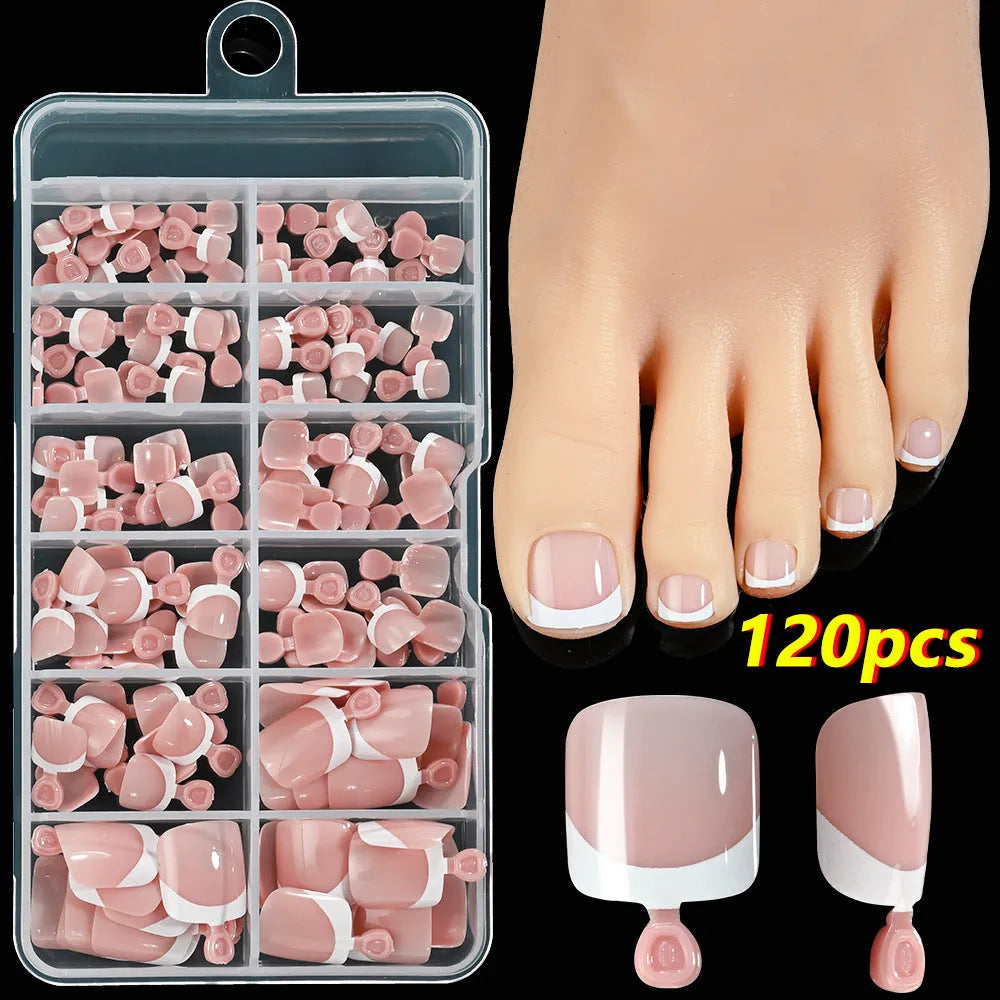120 piece box of French white edge nude artificial toenails in nine shades, square short shape for toes.