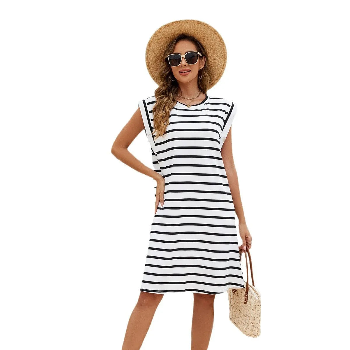 Black and white striped polyester beach cover-up blouse for women with free size fitting