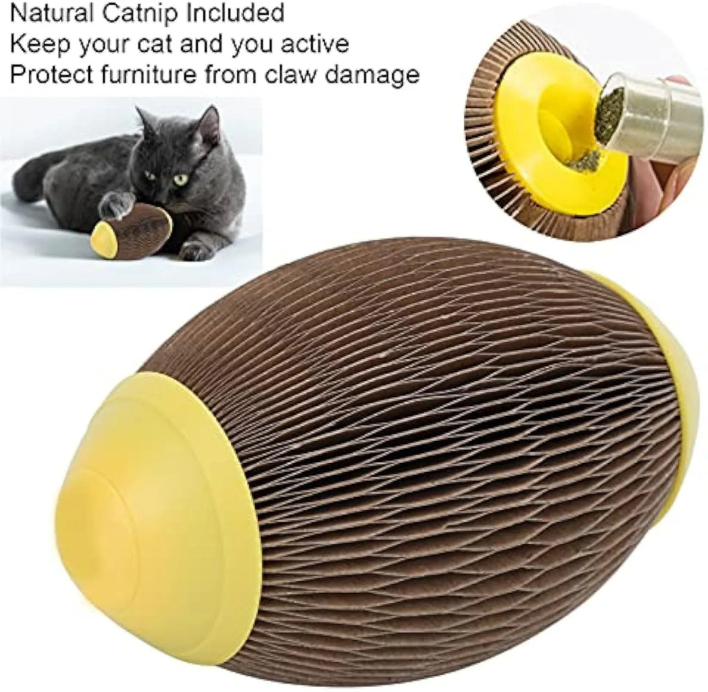 Ellipse-shaped corrugated paper catnip ball toy for cats on a neutral background