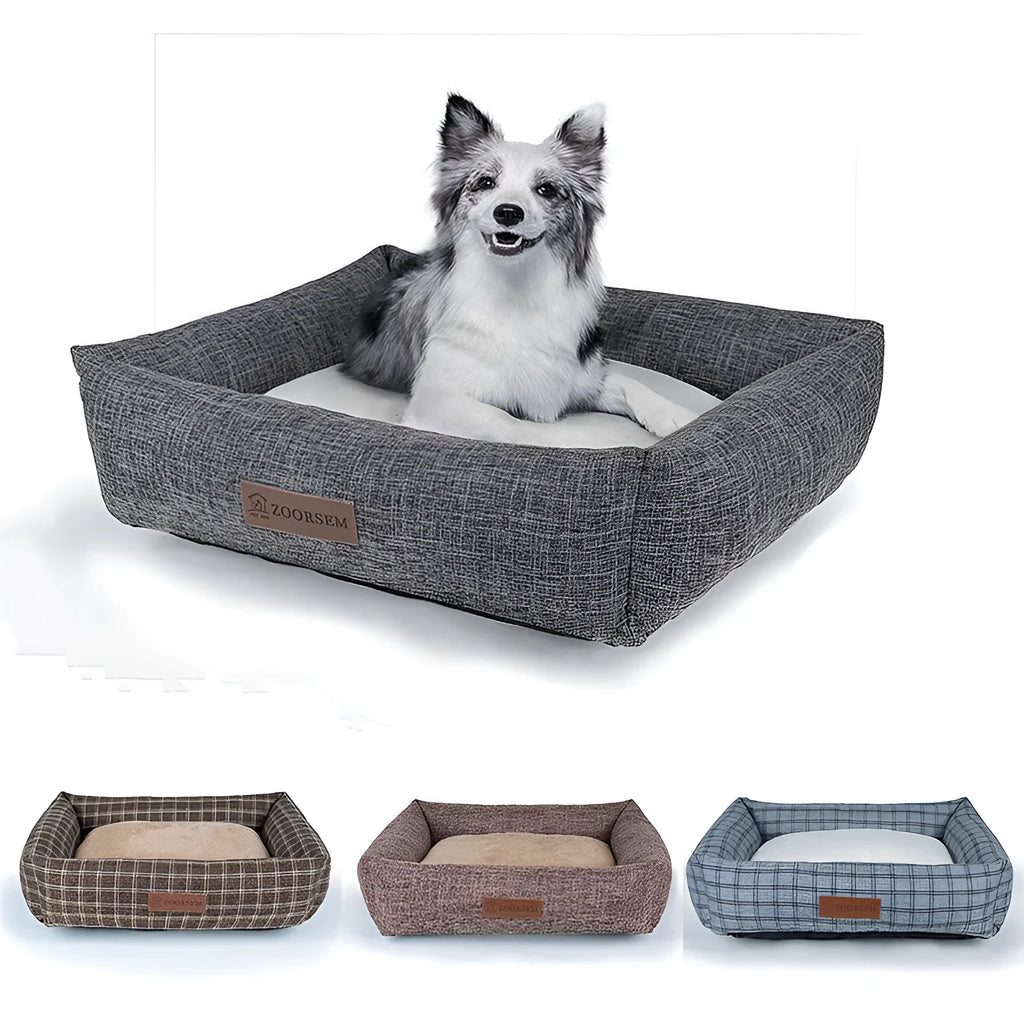 Square grey plaid cloth dog bed for medium-sized dogs on a wooden floor.