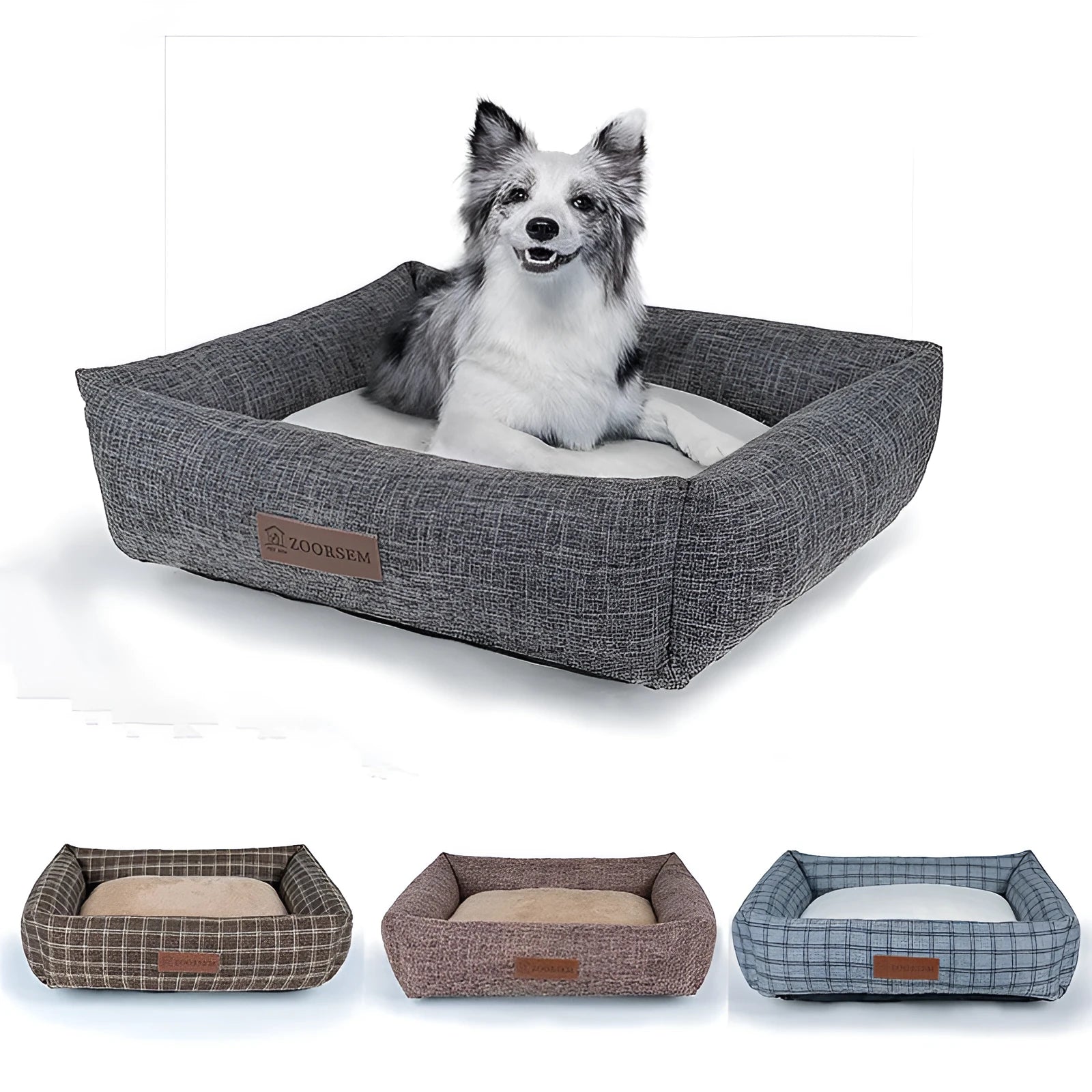 Square grey plaid cloth dog bed for medium-sized dogs on a wooden floor.