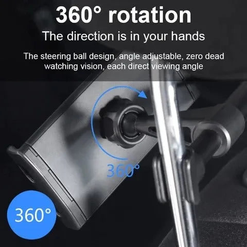 Black universal car phone and tablet holder with snap-in base for mounting on rear car seats.