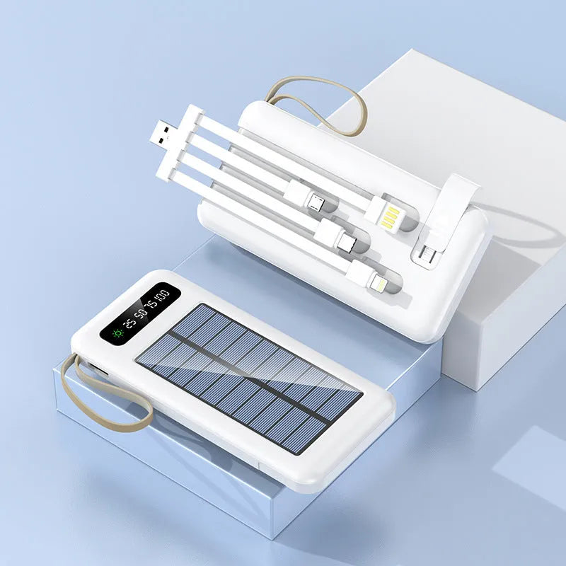 Cool black and ivory white solar power bank showing front view with USB ports and solar panel line.