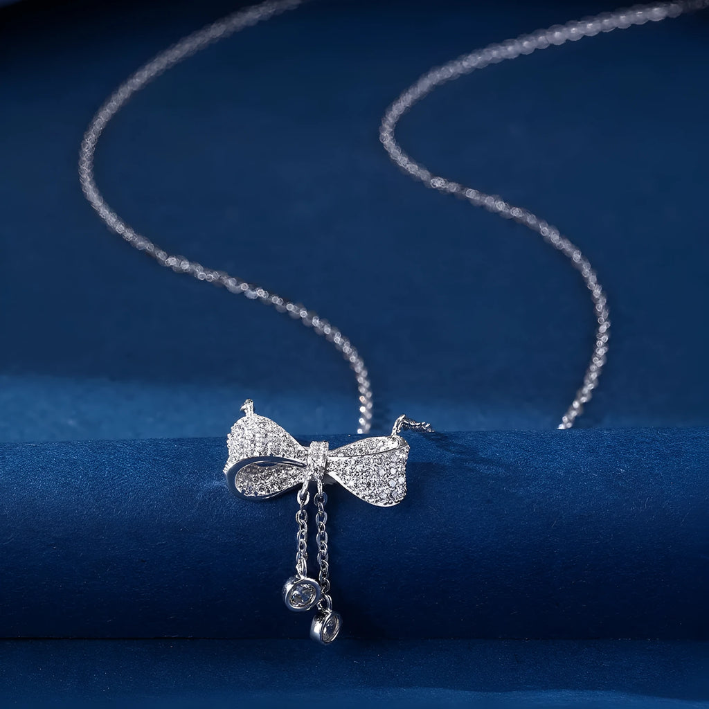 S925 sterling silver bow pendant necklace on adjustable 40cm-45cm O-ring chain