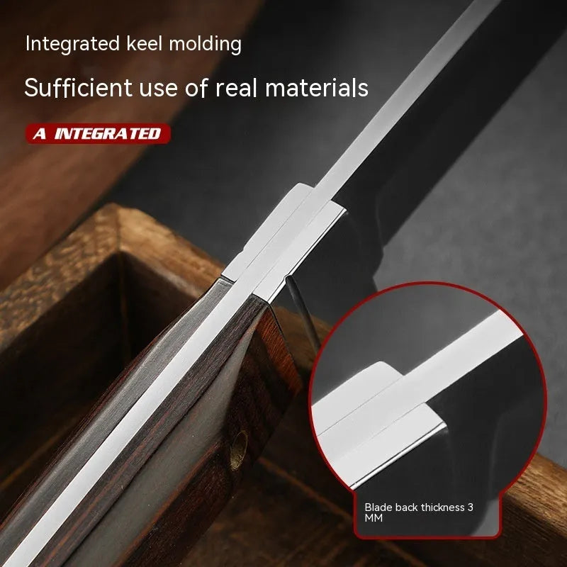 Camping portable fruit knife with leather case showing stainless steel blade and national style design