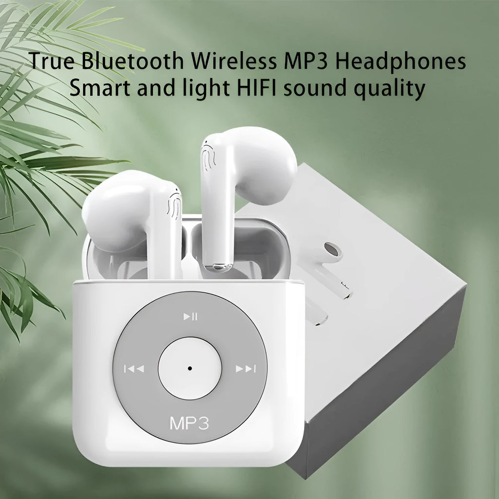 White wireless Bluetooth earphones with a semi in ear design and a matching charging compartment case.