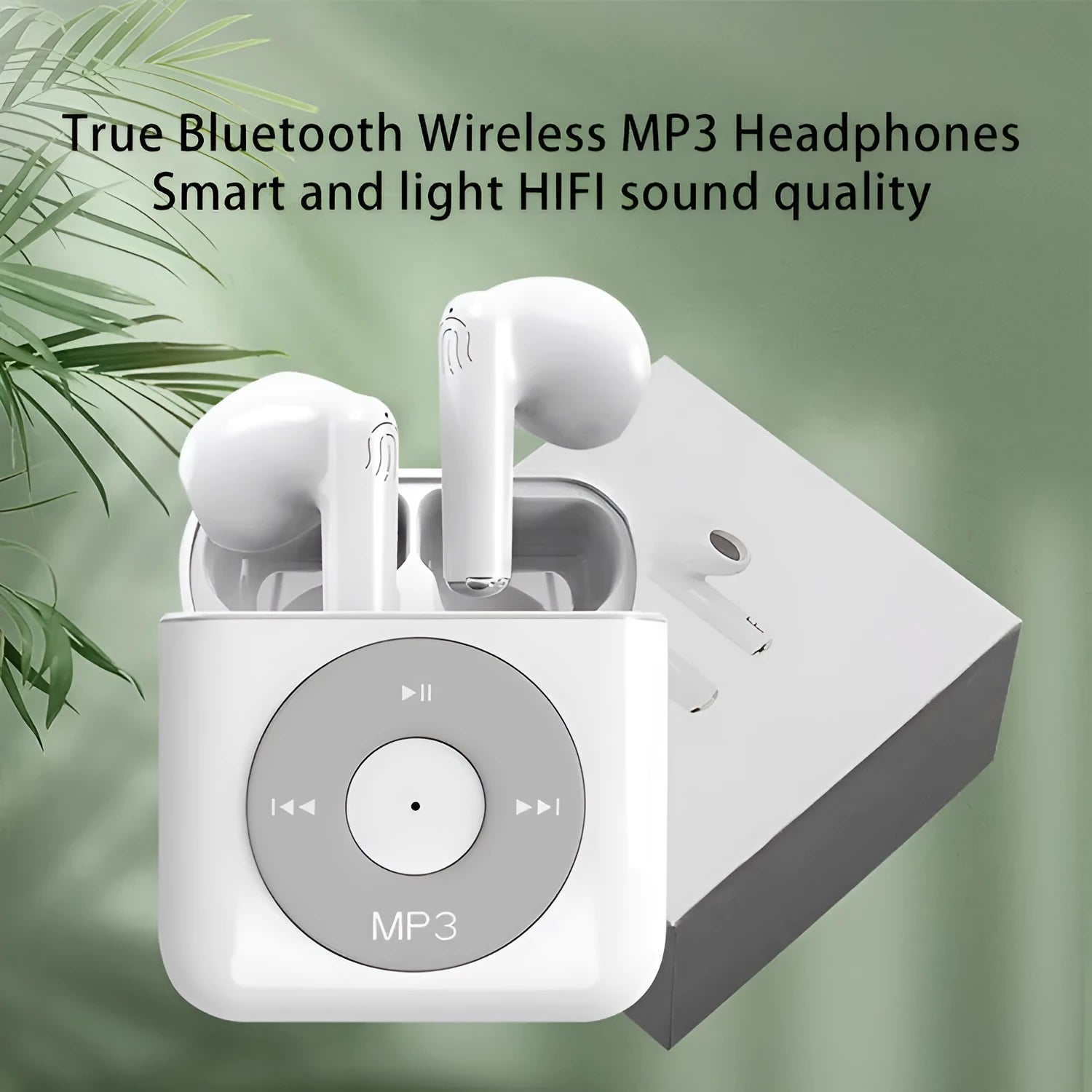 White wireless Bluetooth earphones with a semi in ear design and a matching charging compartment case.