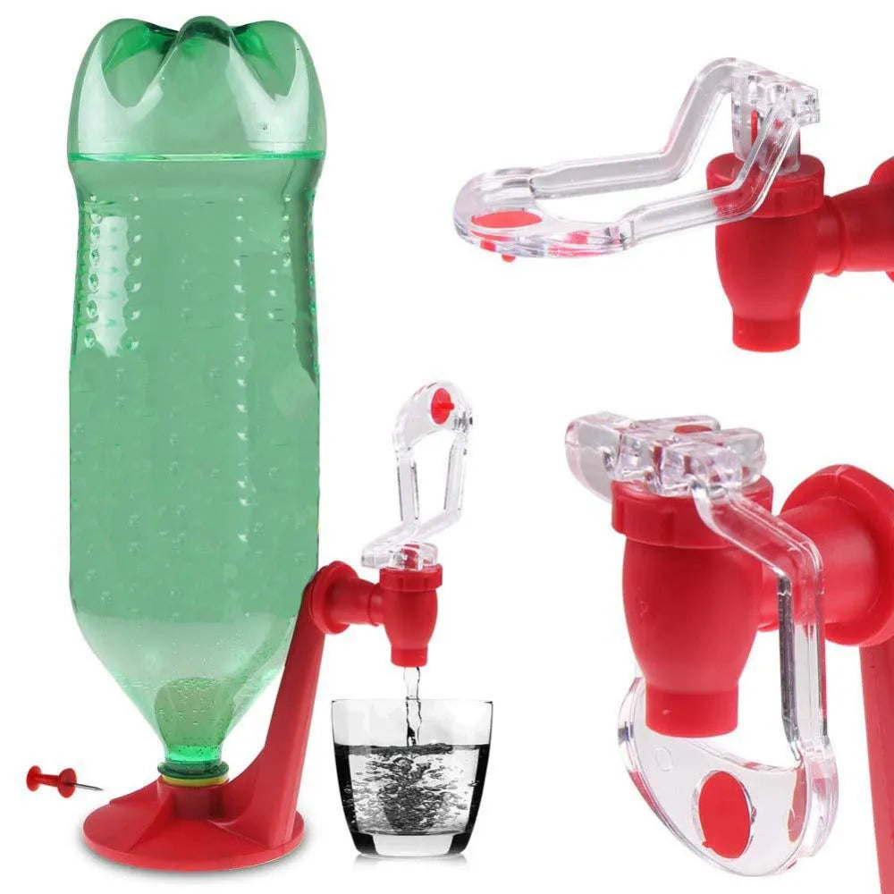 Red plastic Magic Tap soda bottle dispenser attached to an inverted 2-litre bottle.