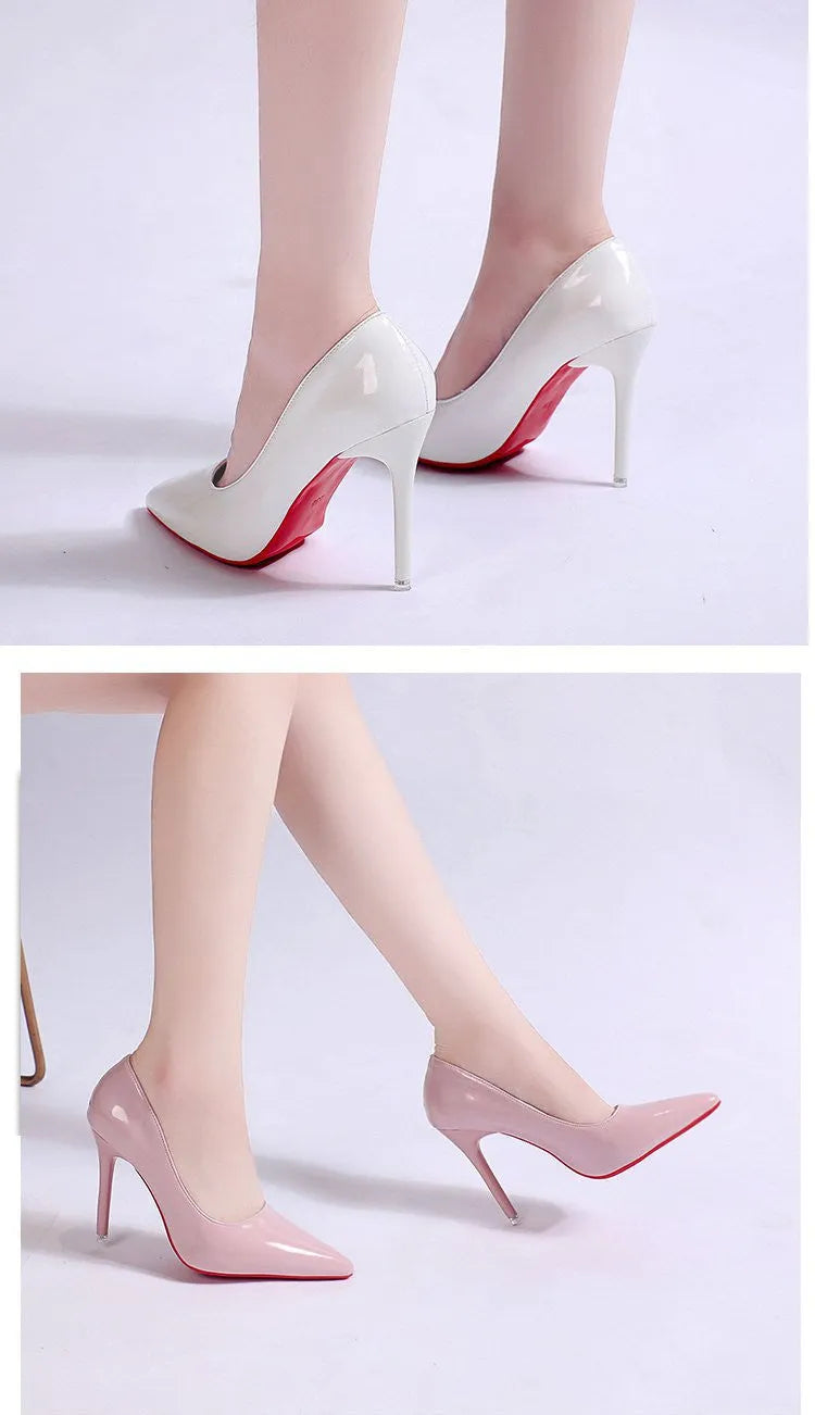 Solid colour women's pointed toe stiletto heel pump shoe in a choice of apricot, black, pink, or white.