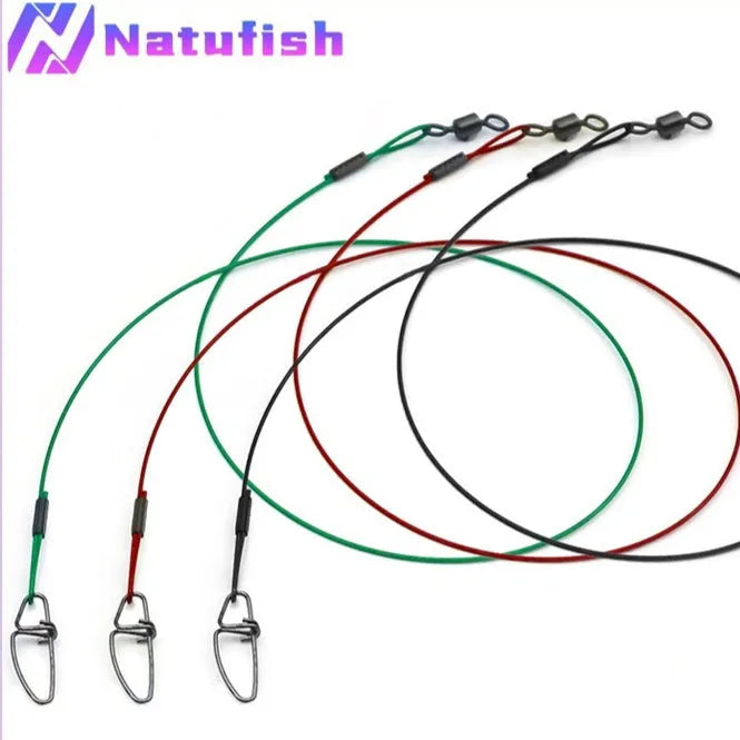 Anti-bite steel wire fishing gear accessories in green, black, and red colours with double buckle pins