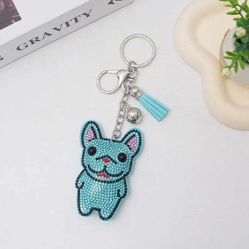 French dog rhinestone keychain with cartoon bear pendant in caramel colour.