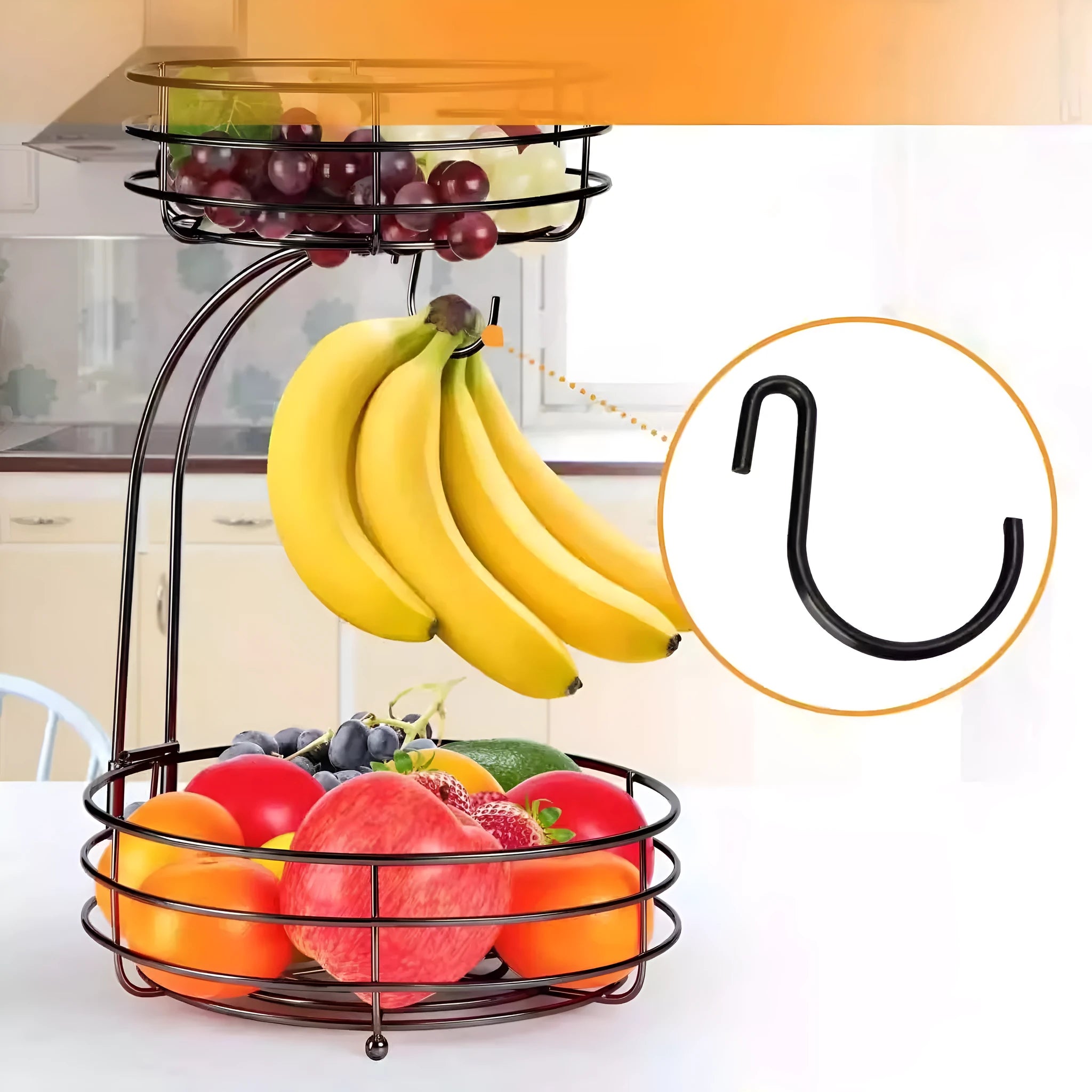 Black wrought iron double-layer fruit basket with 25cm diameter for kitchen storage