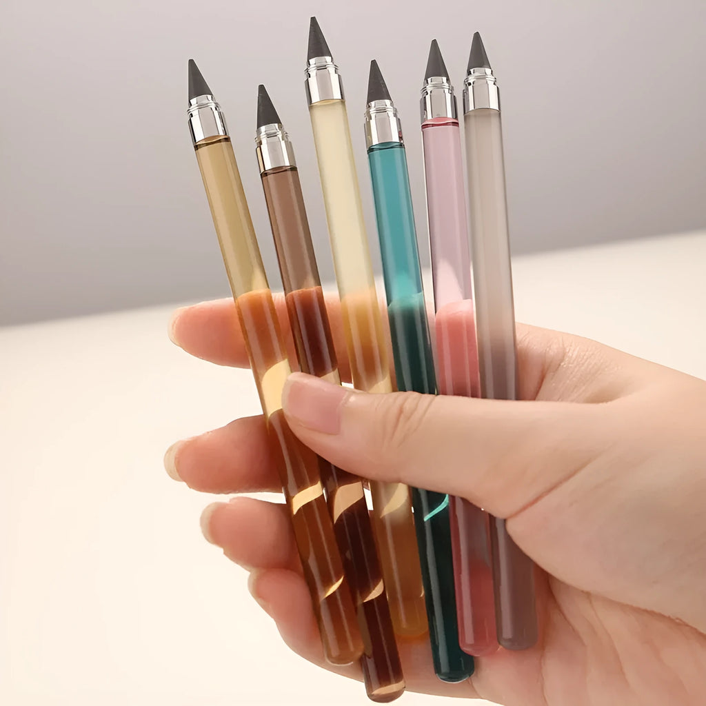 Transparent acrylic eternal mechanical pencil with visible alloy nib and a selection of coloured HB graphite refills.