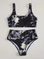 Women's marble tie-dye high waist bikini with U-neck top and conservative briefs