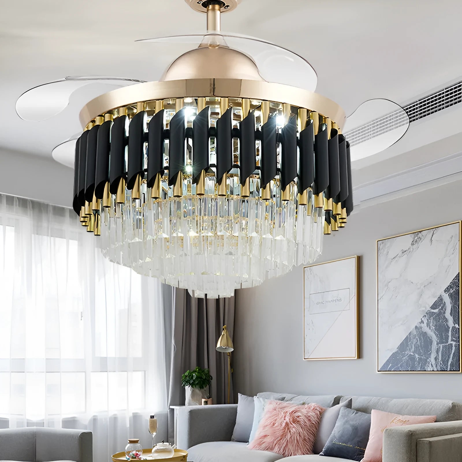 Crystal chandelier ceiling fan light with remote control in 42-inch or 48-inch sizes