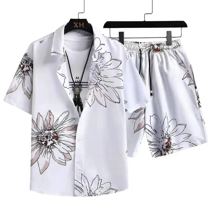 Men's digital print cardigan and matching shorts suit set in polyester fabric.