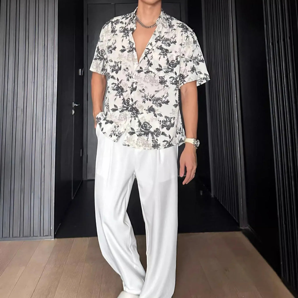 Men's loose casual printed short sleeve shirt with floral design in black colour