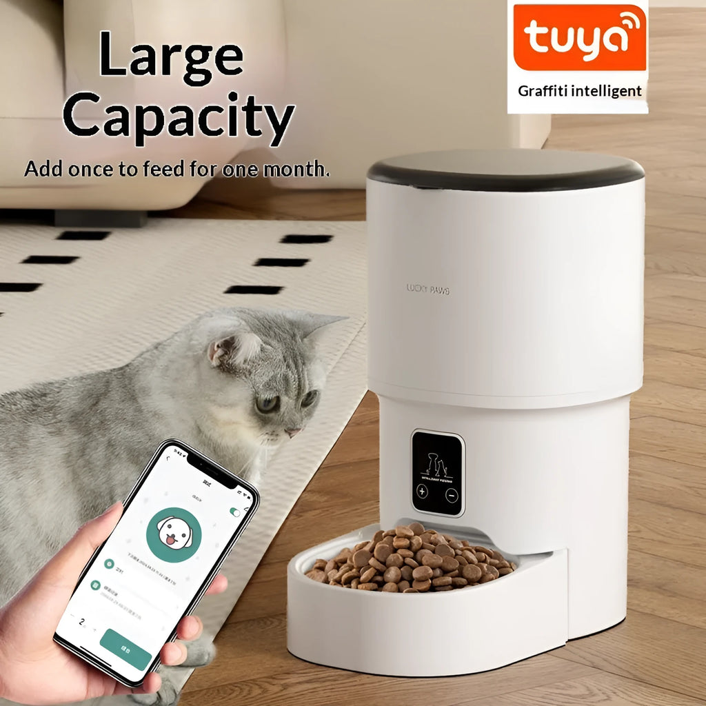Pet automatic feeder with WiFi remote control and timed feeding, available in black or white with stainless steel bowl option