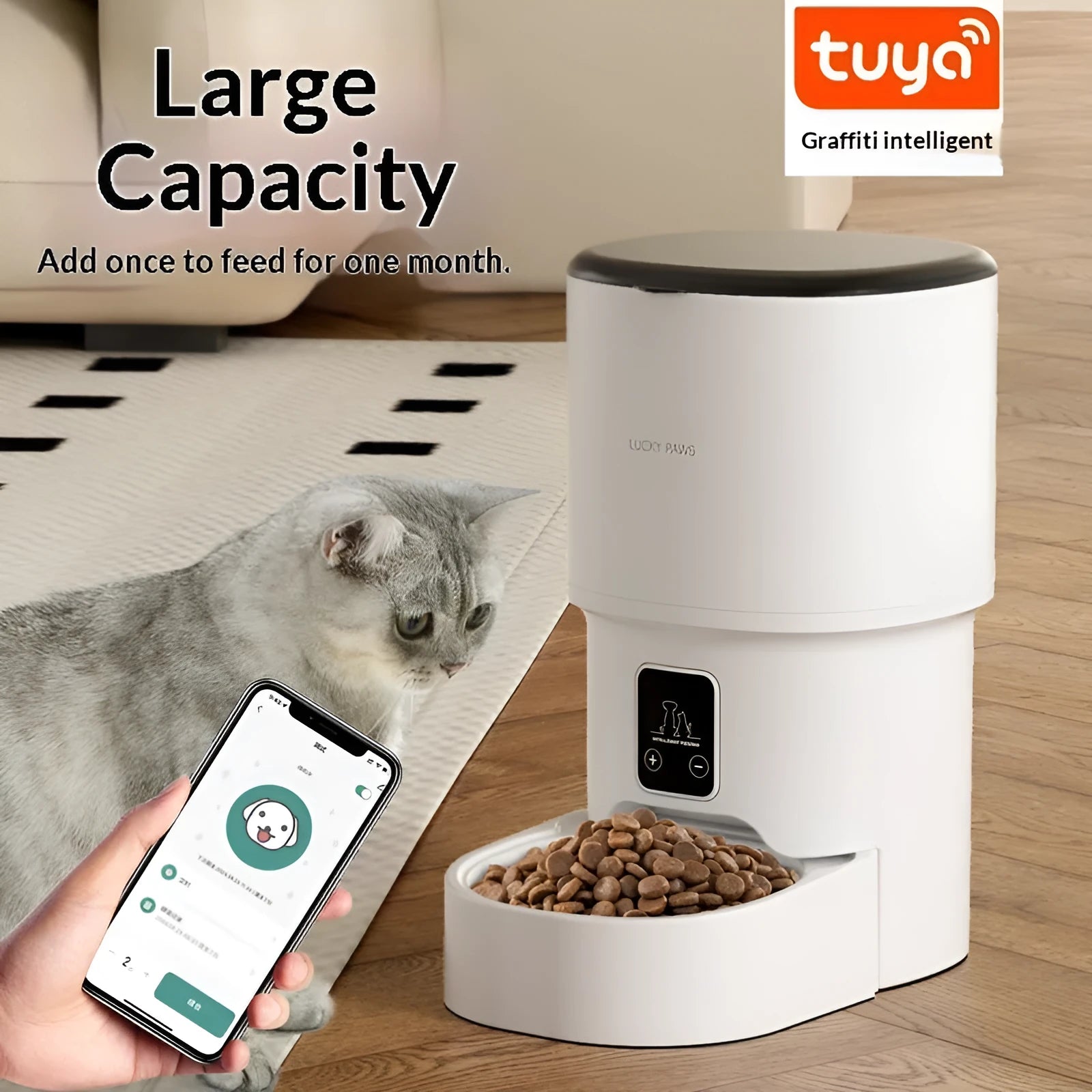 Pet automatic feeder with WiFi remote control and timed feeding, available in black or white with stainless steel bowl option