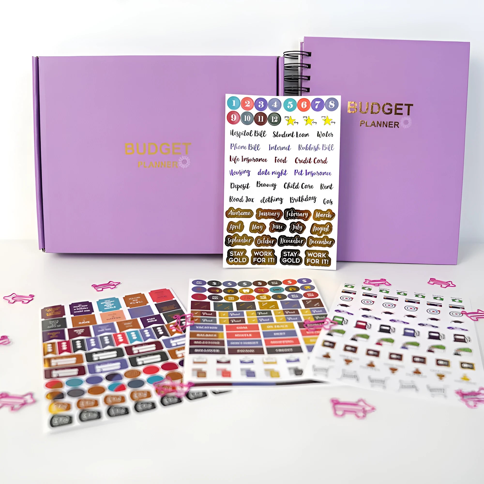 Purple coil-bound financial planning notebook with A4 dimensions for monthly budgeting