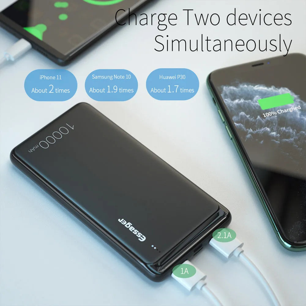 Essager Small Jane 10000mAh portable power bank in black or white showing dual USB ports and LED indicators